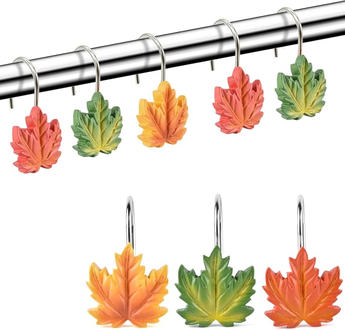 Maple Leaf Shower Curtain Hooks Rings,12Pcs Autumn Thanksgiving Decorative | Fall Maple Leaves Rustproof Shower Curtain Hangers Rings for Bathroom Decoration (Maple)