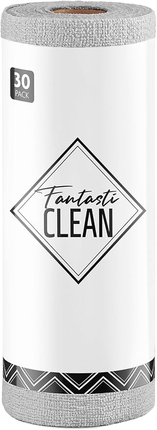 Fantasticlean Microfiber Cleaning Cloth Roll- 30 Sheets, 12" x 12" (Grey) | Super Absorbent, Lint-free, Tear-away Microfiber Towel Roll, for All-Purpose Cleaning, Reusable Alternative to Paper Towels
