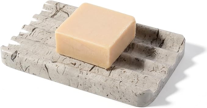 Natural Grey Marble Soap Dish for Shower, Stone Soap Tray for Bathroom, Gray Bar Soap Holder for Sink, Stripe Grooves Soap Saver Stone Dish Keep Bars Dry Easy Clean
