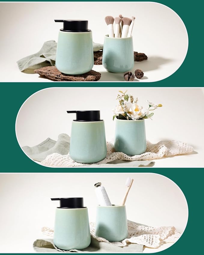 BosilunLife Ceramic Soap Dispenser - Dish Soap Dispenser for Bathroom 12Oz | Refillable Liquid Hand Wash Dispenser for Essential Oil, Lotion Soap, Light Green