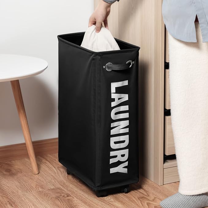 DOKEHOM 25" Slim Rolling Laundry Basket Hamper, Narrow on Wheels, Black | Collapsible narrow laundry hamper with mesh drawstring closure. Foldable corner clothes storage bin for small spaces