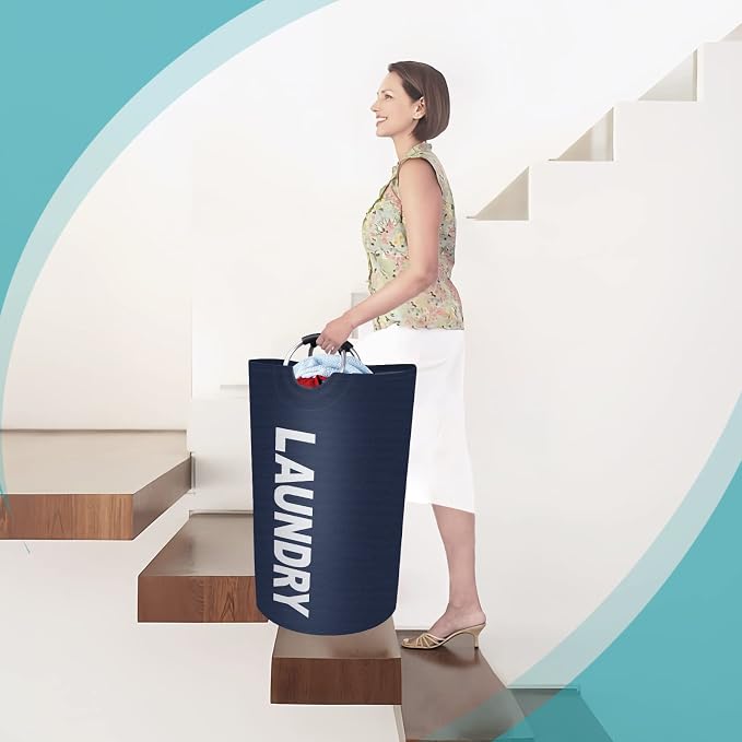 90L Large Laundry Basket, Dirty Clothes Waterproof Laundry Hamper, Blue | Collapsible Laundry Basket with Foam Protected Aluminum Handles for Laundry Dorm Family, Black Dirty Clothes Hamper