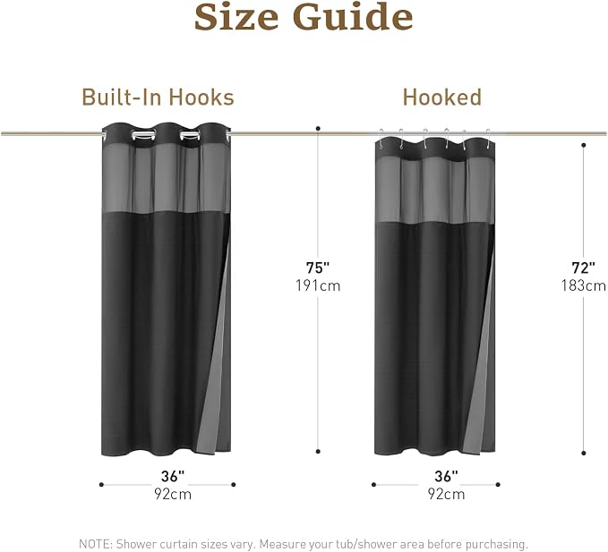 36x75 Ringless Linen Textured Shower Curtain with Snap in Liner, Black | Half Size, 3 in 1 Shower Curtain Set, Removable Liner, Waterproof & Washable, Mesh Top Window, Durable Fabric, Easy Setup