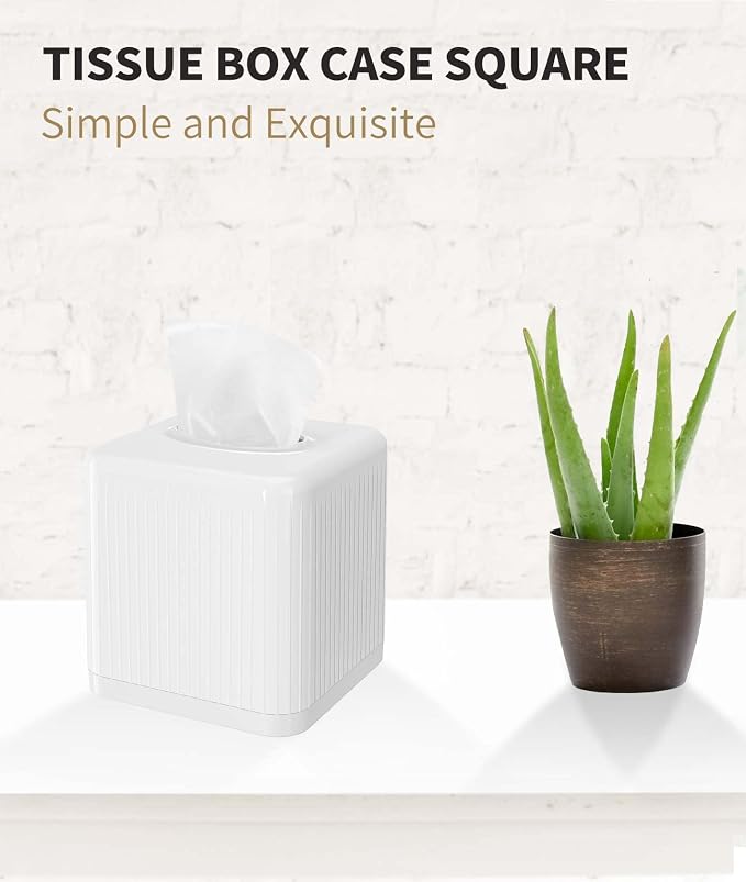 Livelab Tissue Box Cover with Base, Square Plastic Tissue Box Holder Decorative Tissue Cover Modern Cube Facial Tissue Dispenser for Bathroom Vanity Countertop, Living Room, Bedroom, Office - White