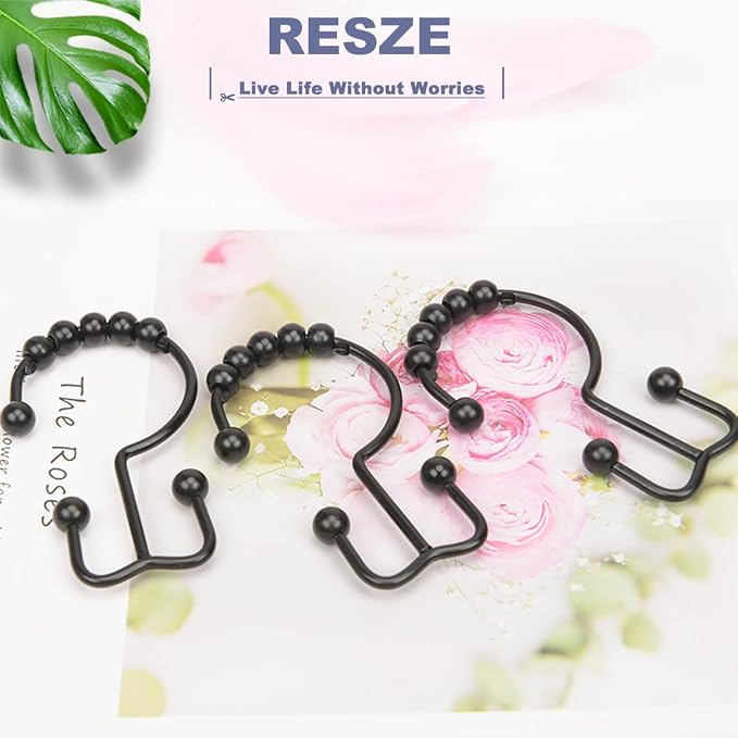 Resze 12 PCS Black Plastic Double Shower Curtain Hooks, Multi-Functional Rings for Bathroom Shower Curtain,Shower Curtain Liner and Kitchen Supplies, etc.
