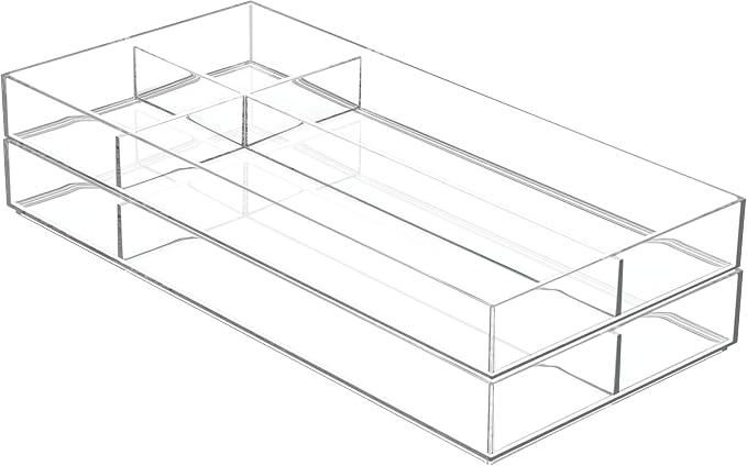 iDesign Clarity Plastic Divided Drawer Organizer, Storage Container for Vanity, Bathroom, Kitchen Drawers, 8" x 16" x 2", Clear,40850