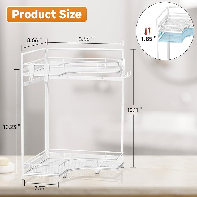 VITVITI 2-Tier Corner Bathroom Counter Organizer, Bathroom Countertop Organizer Storage for Sink, Metal Mesh Makeup Organizer for Vanity Countertop Kitchen with Hooks,White