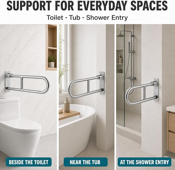 Foldable Toilet Grab Bar - 24 Inch T304 Stainless Steel Rail | Bathroom Flip Up Handle for Wall Mounted Support, Flip Up Design, Space Saving, Easy Installation