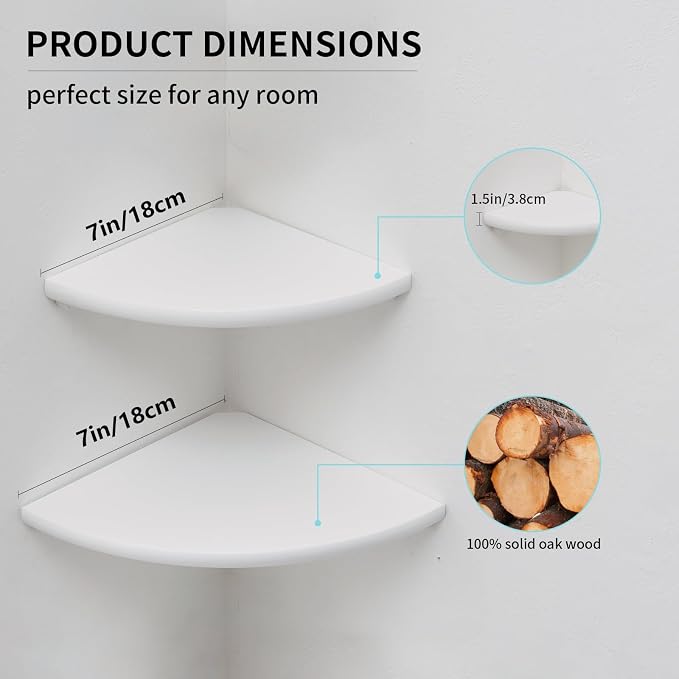 Corner Shelf, White Floating Corner Shelf, Set of 2 7inch Solid Oak Wood Corner Wall Shelves, Round End Wall Mount Display Shelf with Wire Hole for Small Plant for Bedroom Kitchen, Living Room