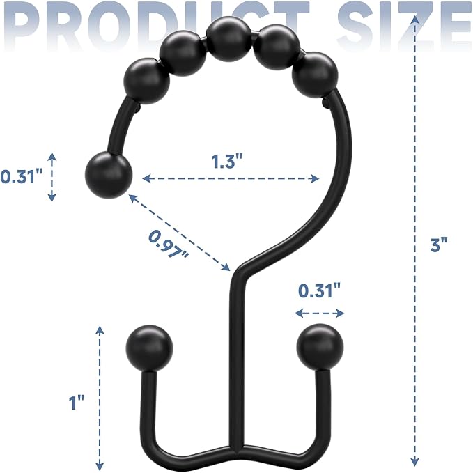 Titanker Shower Curtain Hooks Rings, Rust Resistant Metal Double Glide Shower Hooks Rings for Bathroom Shower Rods Curtains, Set of 24 Hooks - Black