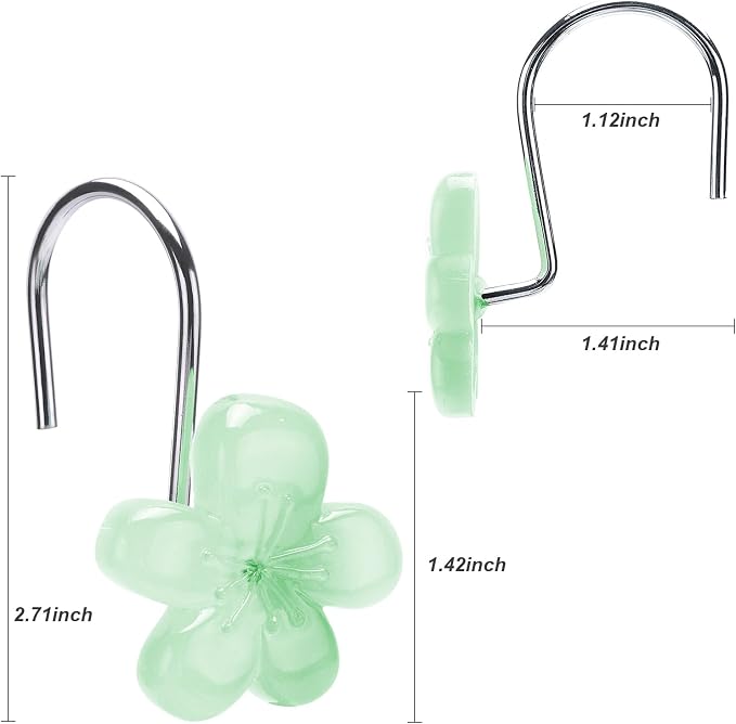 Cute Flower Shower Curtain Hooks, Glow in The Dark, Pretty Floral Themed Elegant Bathroom Decor, Green
