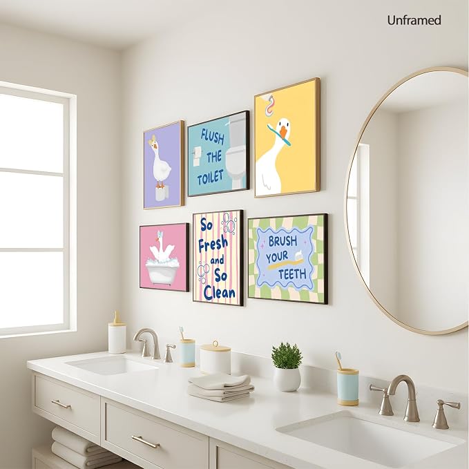 ZYANGZY Cute Kids Bathroom Poster Set of 6, Funny Duck Toilet Wall Art Painting Children's Quotes Bathroom Wall Decor Quirky Silly Goose Nursery Canvas Picture Prints for 12x16 inch Unframed