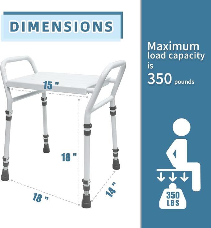 Shower Chair Seat with Arm for Inside Shower - Adjustable Up to 24 Inches Shower Stool with Suction Feet for Seniors, Elderly, Handicap & Disabled-Adjustable Support Shower Bench | Height adjusts from 16 to 24 inches, with dual armrests, suction feet a...