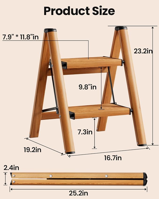 2 Step Ladder, Lightweight Folding Step Stool, Woodgrain | Anti-Slip 7.9'' Wide Pedal;Space-Saving;For Kitchen, Home, Library, Office Use;300lbs Capacity