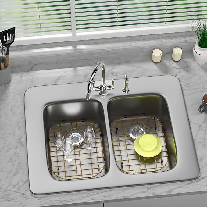 Universal Double Bowl Sink Protection Grid with Rear Drain, Kitchen Sink Bottom Grid with Strainers, 14.57" x 11.22" x 1.25", Gold