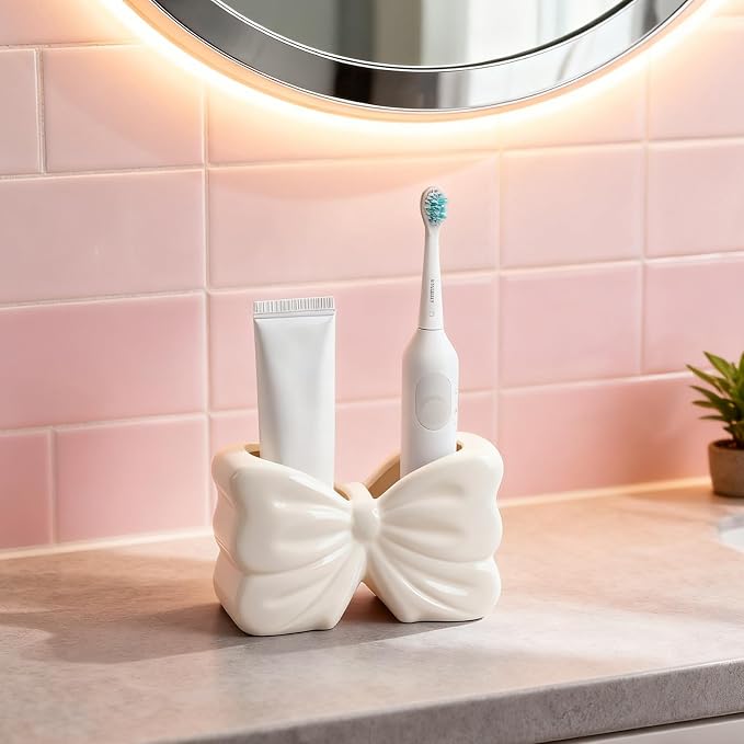 Bow Toothbrush Holder, White Cute Ceramic Bowtie Bathroom Decor | Ceramic Bathroom Organizer for Makeup Brushes & Pencils, Cute Small Bow Vase,for Bathroom Vanity , Gift for Women(White)