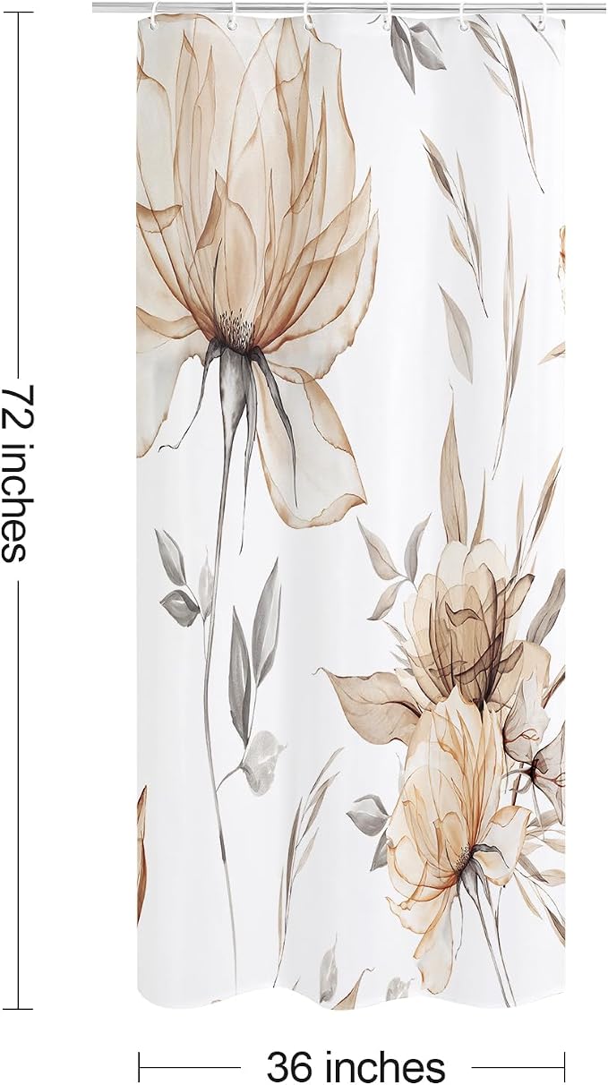Litabel Small Stall Boho Watercolor Floral Shower Curtain 36 x 72, Brown and Grey Ink Painting Style Flower Shower Curtains for Chic Elegant Bathroom, Tan Artistic Narrow Half Size Shower Curtain