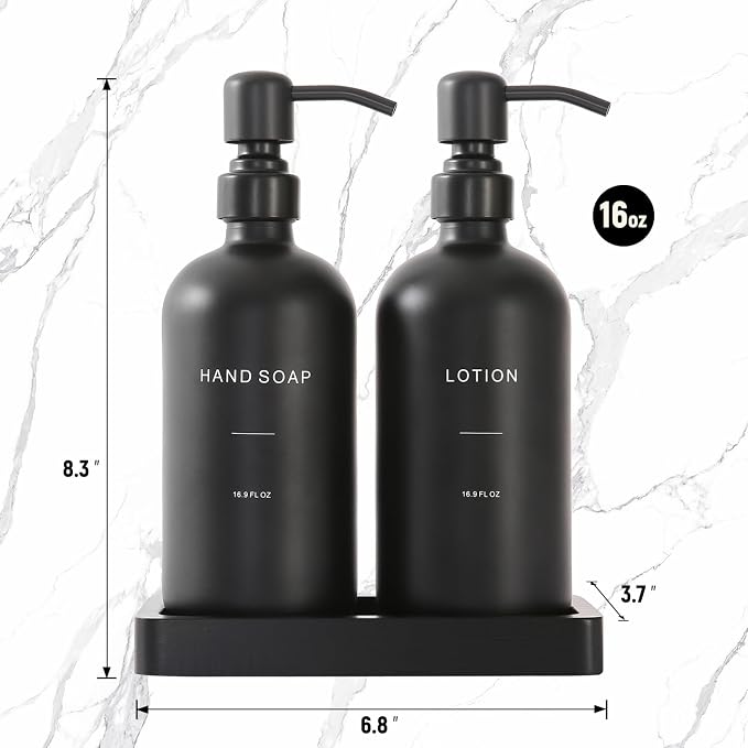 Prus Waso Black Soap Dispenser Bathroom Set | Soap and Lotion Dispenser Set with Stainless Steel Pump, Perfect for Bathroom Decor