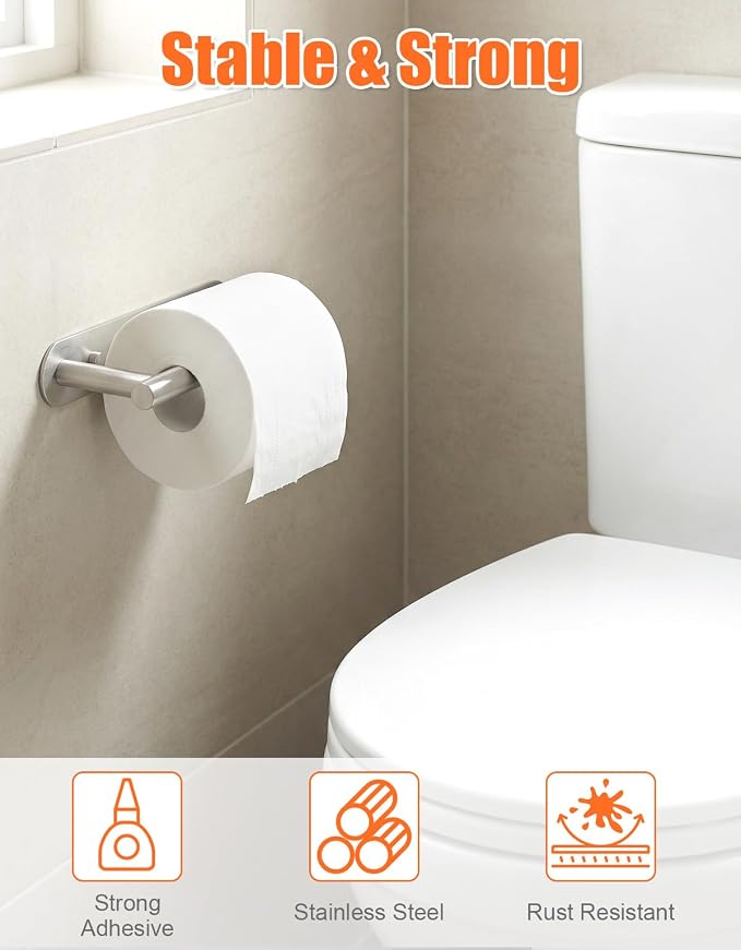 YUET Toilet Roll Holder, Self Adhesive or Screw In Wall Mounted Options, Double Post Pivoting Tissue Roll Holder, Stainless Steel Rustproof Stick On No Drilling Wall Mount for Bathroom, Brushed Nickel