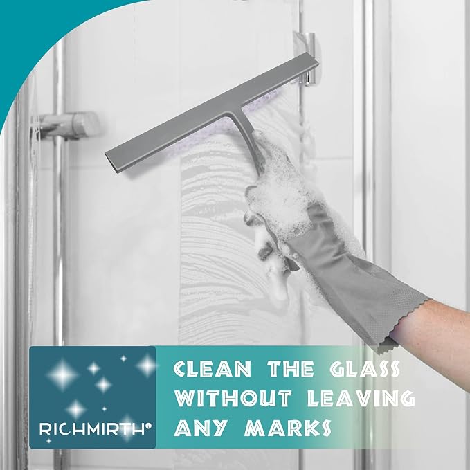 14 Inch Silicone Shower Squeegee for Glass Doors with Hook - Streak-Free Window Cleaner for Bathroom, Mirror, Tile & Car, No Scratch Squeegee with Metal Core (Gray