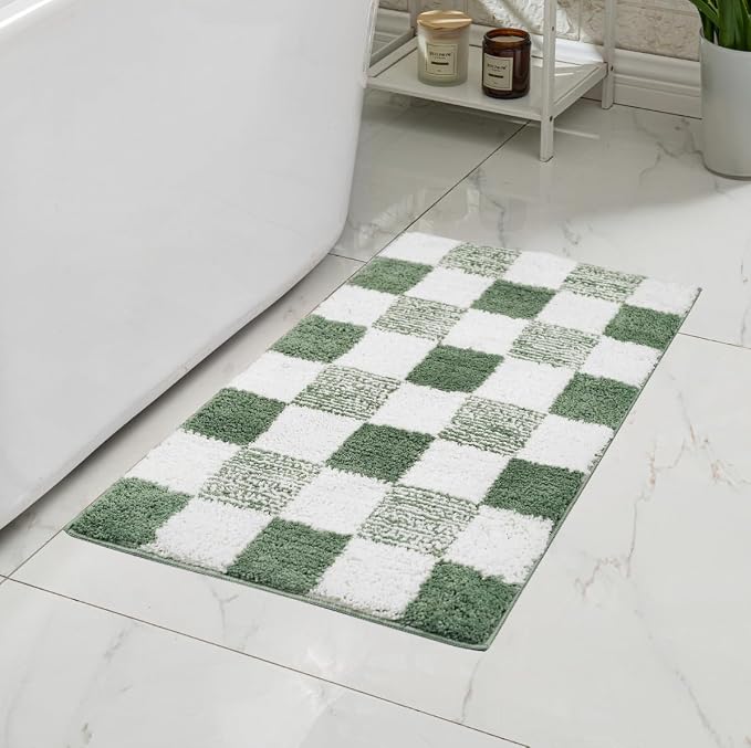 CozeCube Sage Green Checkered Bath Mat 47"x24" Non Slip Washable Rug | For Bathroom Non Slip, Fluffy Absorbent Microfiber Bath Mats Machine Wash, Stylish Long Aesthetic Bathroom Rugs