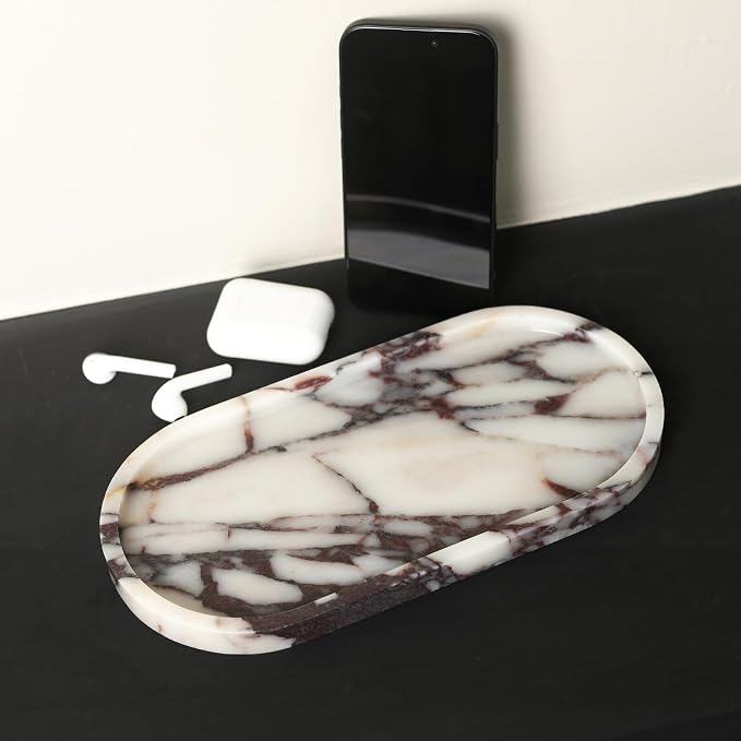 100% Natural Calaccata Viola Marble Tray, 10" x 5" Oval Tray | Luxury Calacatta Marble Vanity Tray, Small Hand Towel Tray Holder Organizer, Makeup Holder for Bathroom Kitchen Counter