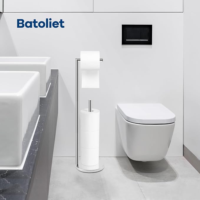 Toilet Paper Holder Stand, Bathroom Free Standing with Storage, Chrome | Rustproof Toilet Paper Roll Holder for 4 Rolls,with Non-Slip Stable Base,Bathroom Organizers and Storage