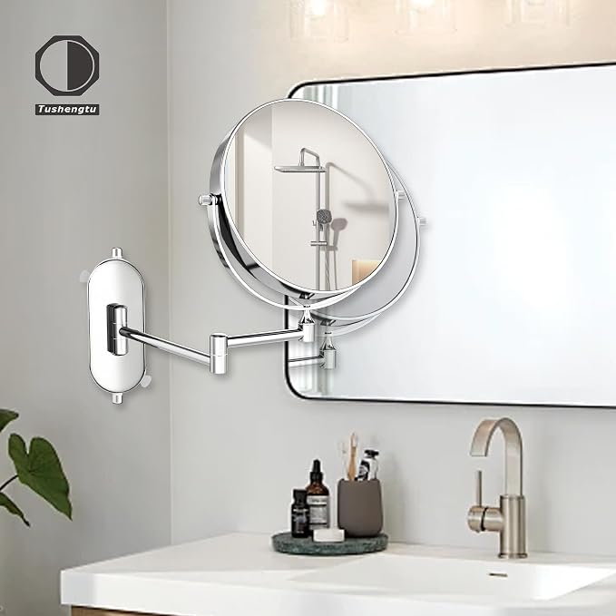 8“ Suction Cup Makeup Mirror Wall Mounted No Drilling, 1X/10X Magnifying Mirror Wall Mounted Makeup Mirror Swing Arm 360° Rotation, Wall Mount Powerful Suction Cup for Bathroom & Shaving Chrome
