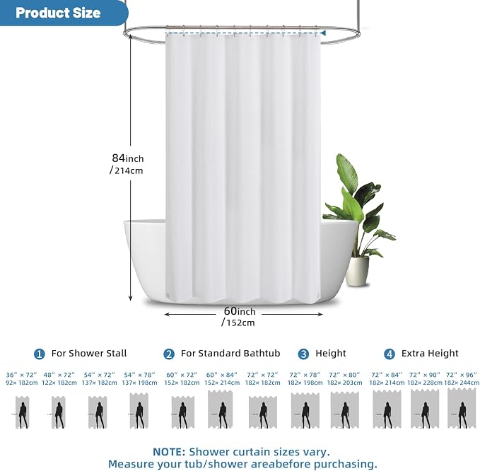 2-in-1 Waterproof Fabric Shower Curtain - No Separate Liner Needed, Hotel-Style Waffle Weave, Effortless Cleaning & Washable Bathroom Shower Curtain Set,60Wx84H,White