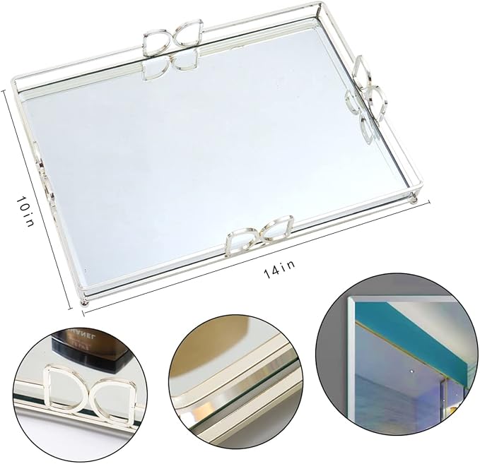 Large Silver Mirrored Tray with Elevated Ball Feet, 14x10 Entire Length Perfume Organizer for Dresser, Modern Minimalist Bathroom Counter Vanity Storage