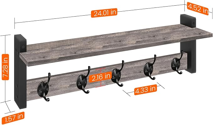 Wall Hooks With Shelf, 24 Inch Coat Rack Wall Mount for Entryway, Clothes, Backpack, Key, Purse - Floating Shelf Hanging in Bathroom, Bedroom, Hallway, Rustic Grey