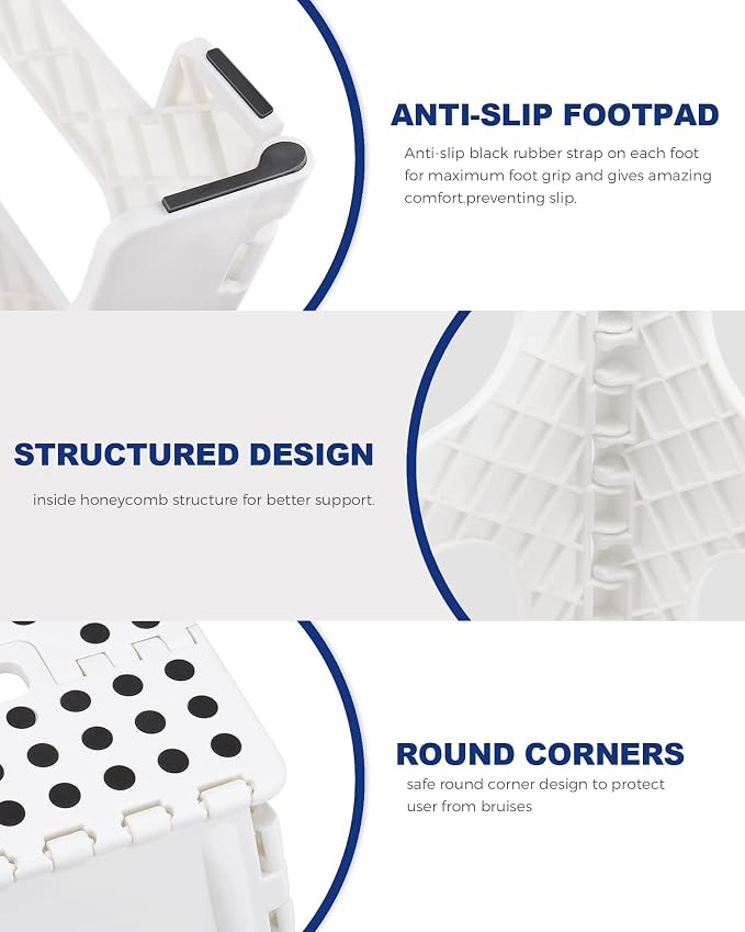 ACKO 11" Folding Step Stool for Kids, Holds 300 lb Foldable Stools, White | Heavy Duty Collapsible Foot Stool, Lightweight with Built-in Handle, Non-Slip for Adults Kitchen Bathroom Bedroom Outdoor