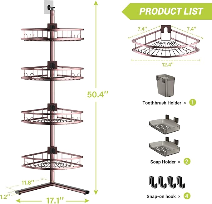 Standing Corner Shower Caddy - Rustproof Bathroom Shower Stand Shelf | 4-Tier No Drill Organizer with Adjustable Baskets, Large Capacity for Tall Shampoo Bottles, Fits Renters Apartments Bathtub