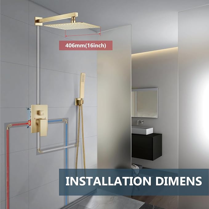 Aolemi Shower Faucet Set with Handheld Brushed Gold 16 Inch Head | Pressure Balance Shower Valve and Trim Kit,SUS304 Rain Head and Handle System,All Metal,Wall Mount,Bathroom,Handheld Spray