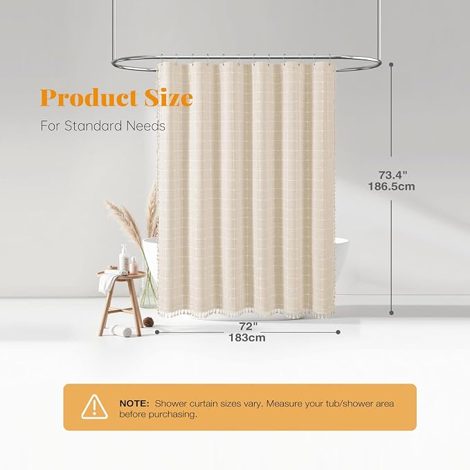 Beige Boho Farmhouse Linen Heavy Duty Shower Curtain Set, 72x72, Cream | 330GSM Linen Blend, Classic Plaid, 3-side Tassels, Water Repellent Fabric, 12 Plastic Hooks, Rustic Style, Machine Washable