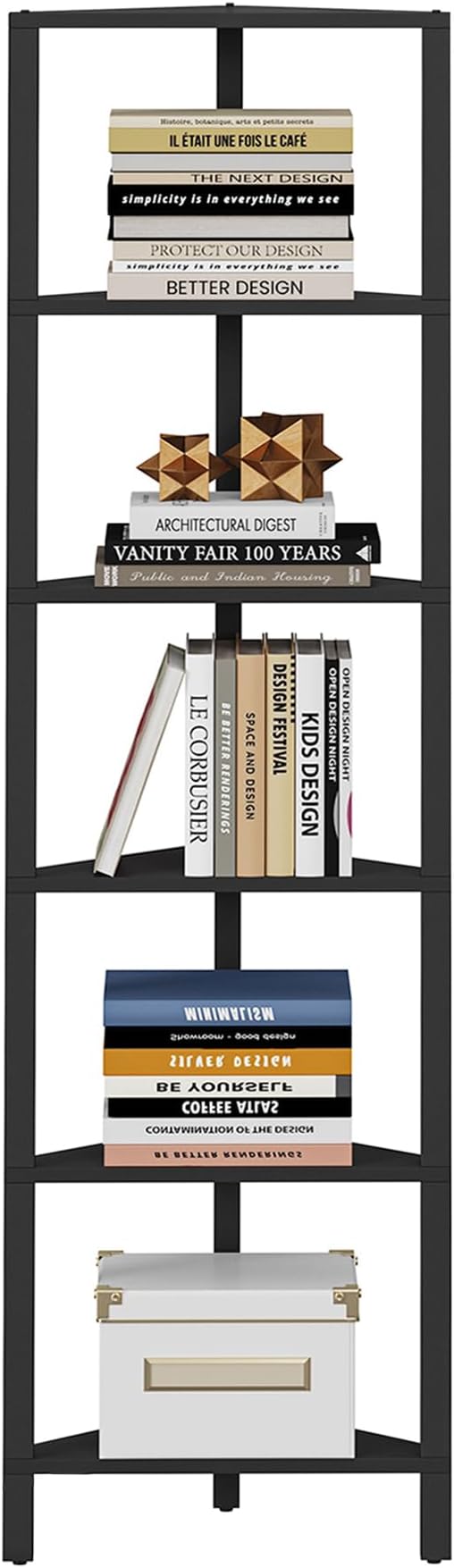 TUTOTAK Corner Shelf, 6-Tier Corner Bookshelf for Small Space | Narrow Display Corner Shelf Stand with Storage Rack, for Living Room, Bedroom, Black BS05BK006