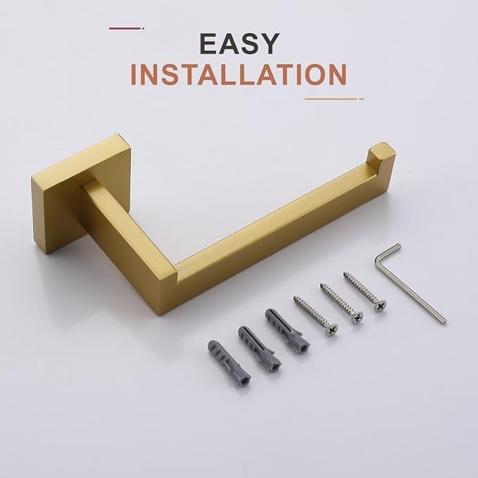 TASTOS Toilet Paper Holder Brushed Gold, Toilet Tissue Roll Holders Dispenser and Hangers Wall Mounted for Bathroom & Kitchen, Stainless Steel Modern Square Style