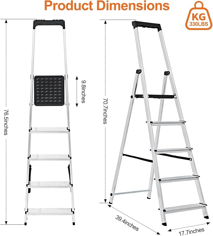 Sweetcrispy 5 Step Ladder, 330lbs Folding Step Stool with Anti-Slip Pedal | Safety Household Aluminum Stool Ladders with Tool Tray, for Home Kitchen Courtyard Outdoor