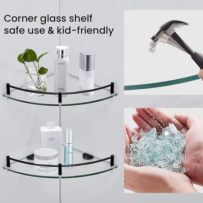 Glass Shelf Bathroom Floating Shower Corner Shelves Shampoo Holder with Rail Wall Esquinero para Baño for Inside Shower 2 Pack
