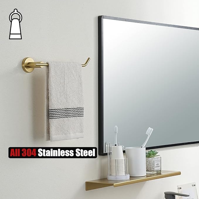 JQK Bathroom Hardware Set, 5-Piece Bath Accessories Set Brass Gold Wall Mount Includes 24 in Towel Bar, 9 in HT Bar, TP Holder, Towel Hook x 2 Brushed Gold, BAS105-BG