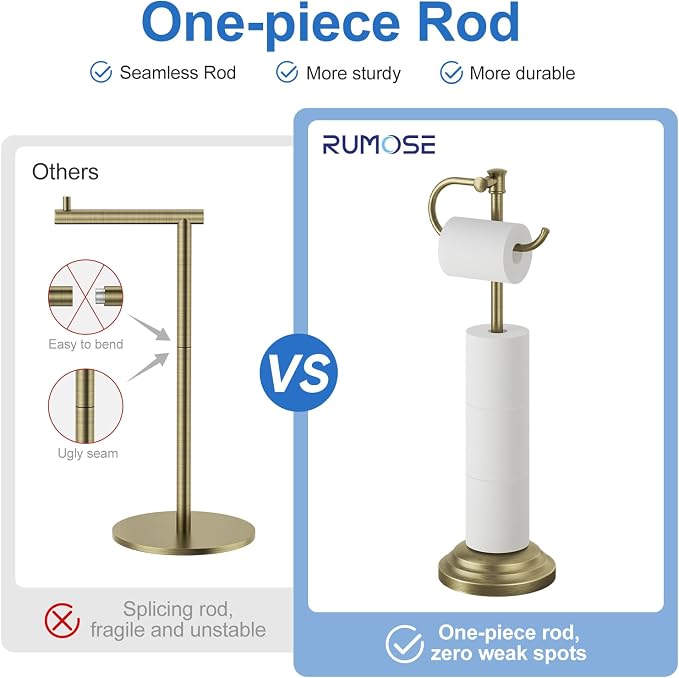 RUMOSE Toilet Paper Holder Stand for Floor Free Standing, Antique Brass | Bathroom Freestanding Toilet Tissue Roll Holder with Storage, Adjustable 17-25 Inch, Rustproof, SUS304 Stainless Steel