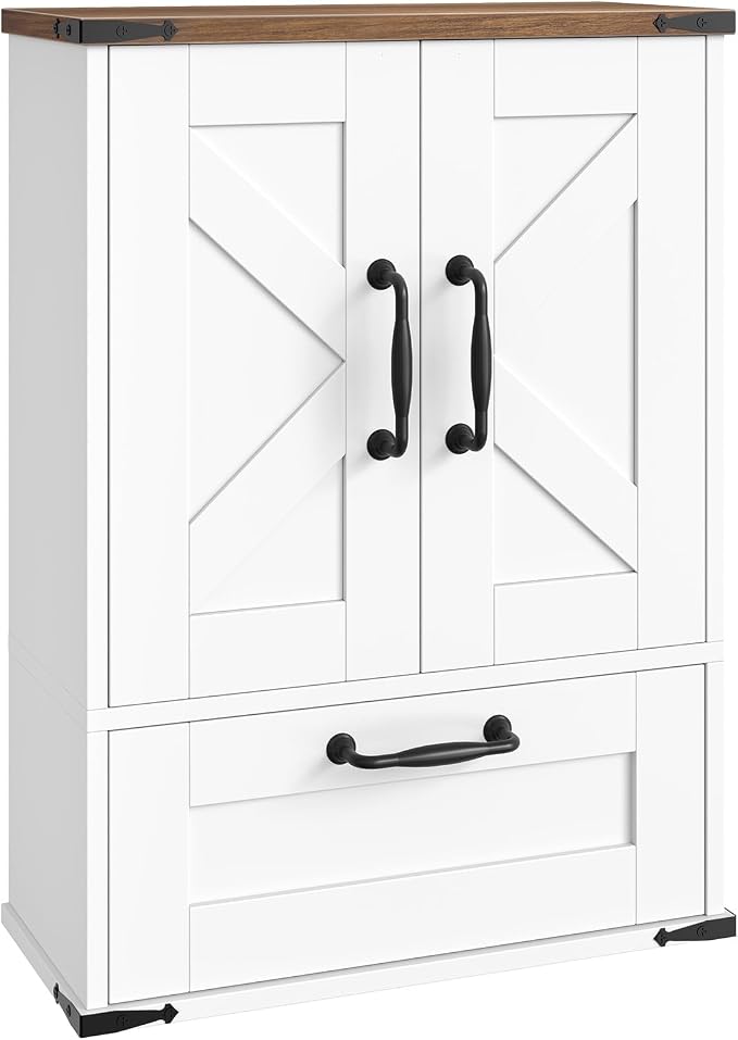 HOOBRO Farmhouse Wall Mounted Cabinet with Adjustable Shelf, Medicine Cabinet with Flip-Down Door, Over The Toilet Bathroom Organizer, for Small Bathroom, Kitchen, White and Walnut