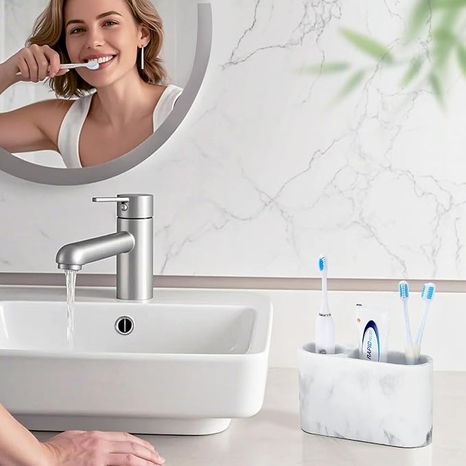 Luxspire 2 Slots Toothbrush and Toothpaste Holder, Resin, Gravel White | Resin Toothbrush Holder, Electric Toothbrush Stand for Vanity Countertop, Bathroom Accessories
