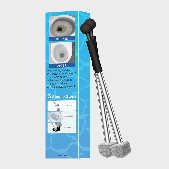 Pumice Stone Toilet Bowl Cleaner - Hard Water Stain Remover | Natural pumice removes hard water rings, limescale & rust on toilets, tiles, sinks & grills. Long handle + 8 refills.