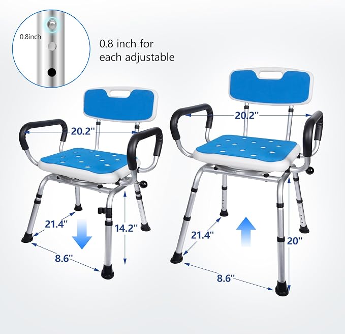 Swivel Shower Chair 500lbs Heavy Duty Adjustable Arms & Back 360° Rotating | Slip-resistant rubber feet Easy-clean Tool-free Install Ergonomic wide seat Built-in drainage holes 5 height settings