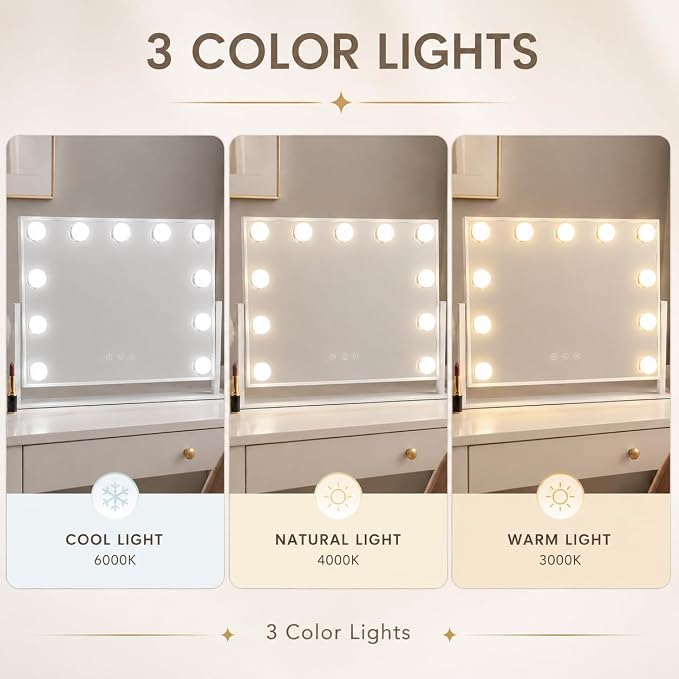 FENNIO Lighted Vanity Mirror, 15.6" x 12.7", 11 LED Bulbs, 360° Rotation | Horizontal 11-light vanity mirror with 360° rotation, wider viewing angle, and white desk-friendly design.
