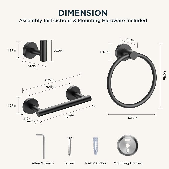 FORIOUS Bathroom Accessories Set, 4-Piece Bathroom Hardware Set | Matte Black | SUS304 Stainless Steel Towel Ring, 2 Towel Hooks, and Toilet Paper Holder Wall Mounted | Double Post Pivoting