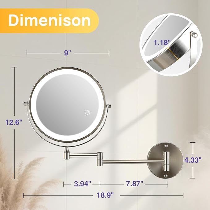 9" Wall Mounted Lighted Makeup Mirror, 30X/1X Magnifying Mirror with Lights | 3000mAh Rechargeable, Touch Control, 3 Color Brightness Dimmable, Extendable Arm 360°, Brushed Nickel