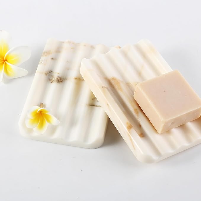 Natural Marble Soap Dish for Bathroom Shower, White Gold Marble Soap Tray for Bathroom, Stone Soap Tray for Sink, Stripe Grooves Soap Saver Keep Soap Bars Dry Easy Clean