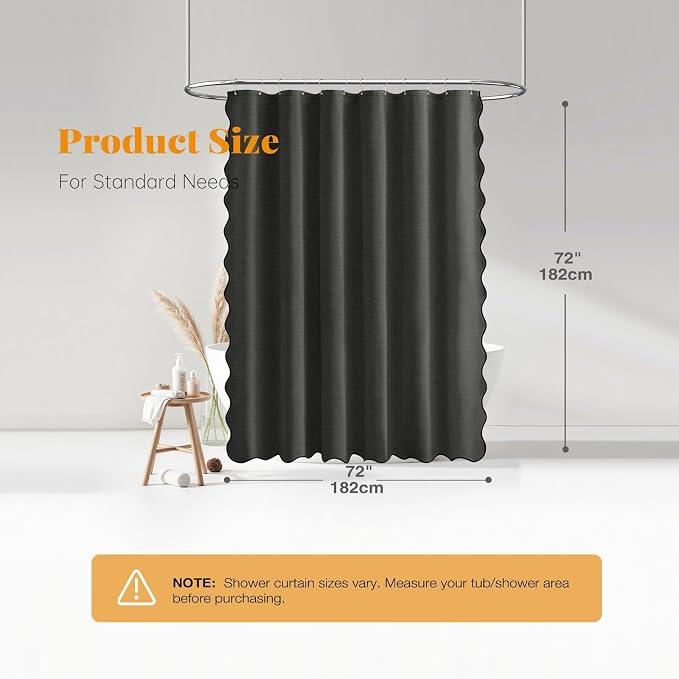 Charcoal Grey Boho Scalloped Linen Textured Shower Curtain Set, 72x72 | 230GSM Waterproof Polyester, Heavy Duty Fabric, 12 Plastic Hooks, Modern Farmhouse Style, Machine Washable, Bathroom Decor